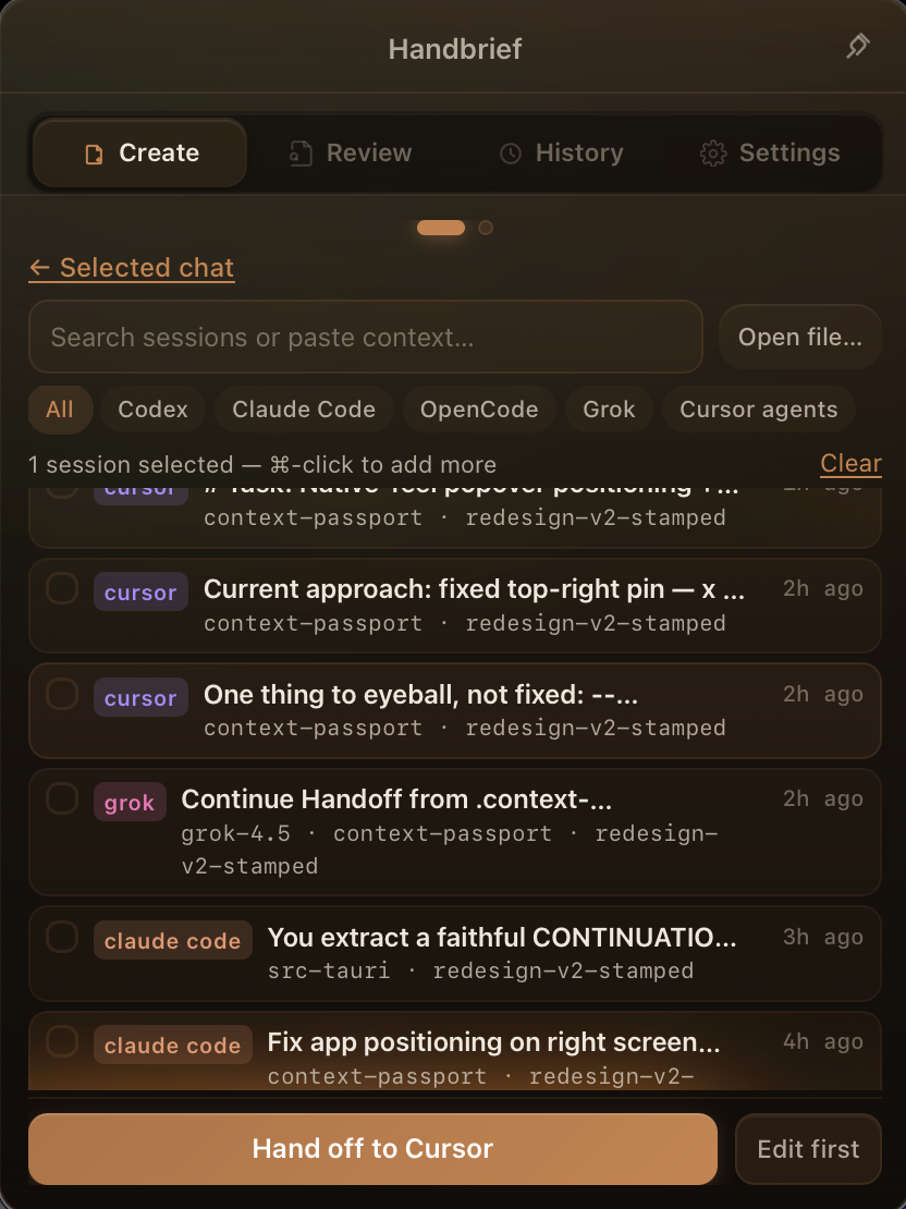 Session picker listing chats from Cursor, Grok and Claude Code